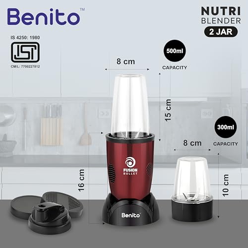 Image of Benito FUSION Bullet 500W Nutri Mix Grinder with 2 Jars | Compact ABS Body with Premium Motor | All-in-One Mixer for Smoothies, Spice, Juices & More | Red | 1 Years Warranty