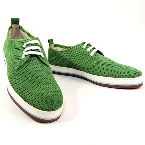 Goodman Italian Men's Perforated Suede Oxford Shoes, Green, Casual Summer Comfort, White Laces, Tricolor Sole, 41 EU4