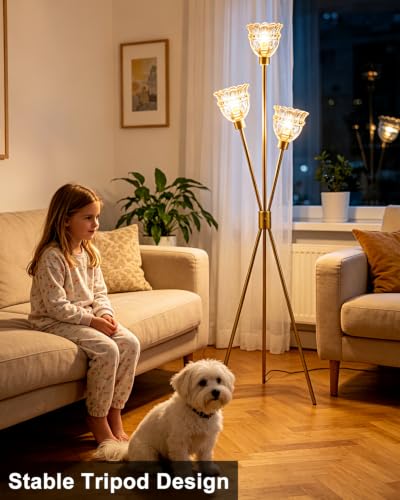 Image of Lightdot 3-Lights Glass Tripod Floor Lamp Gold Dimmable Floor Lamps with 3000K Warm White Bulbs for Wedding Party 62IN Tall Standing Lamp with Amber Glass Shade for Living Room /Bedroom /Home Decor