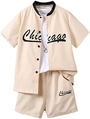 COZYEASE Boys&#39; 2 Piece Striped Print Button Down Shirt with Drawstring Waist Shorts