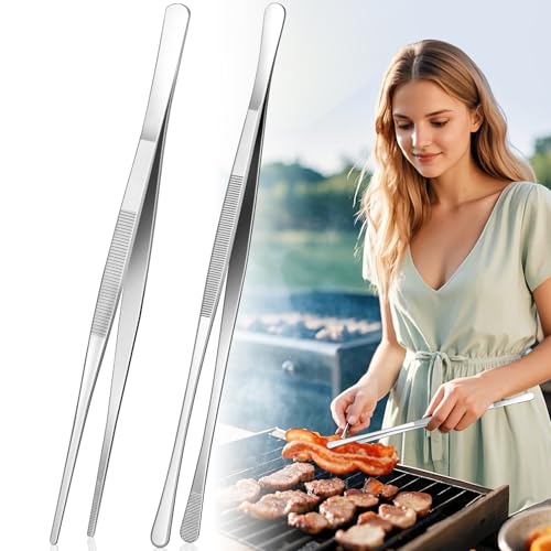 12-Inch Cooking Tweezers Tongs 2-Pack, Stainless Steel Kitchen Tweezers with Dual-Head Design and Non-Slip Grip, Chef Tweezer Tongs for Frying, Plating, Pasta, BBQ, Air Fryer, Food Prep Tools