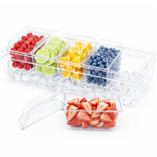 Lifewit Chilled Condiment Containers with Lids Plastic Taco Bar Serving Set for Party with 5 Containers Ice Garnish Tray for Mimosa Bar Supplies Clear Serving Platter for Fruit Salad Snack