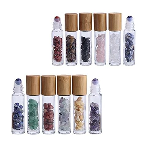 Hanyzcin 10ml Roll On Bottle, 6 Pieces Transparent Glass Rollerball Bottles with Gemstone Crystal Stones and Bamboo Cover, for Aromatherapy Essential Oil Fragrance ( Random Color) Cover