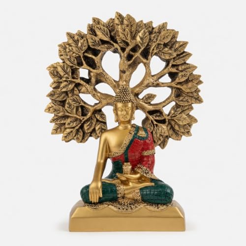 Image of Meditating Buddha Statue Under Bodhi Tree for Home Decor - Golden Gautama Buddha Figurine for Living Room, Office & Vastu (Golden, Red, Blue)