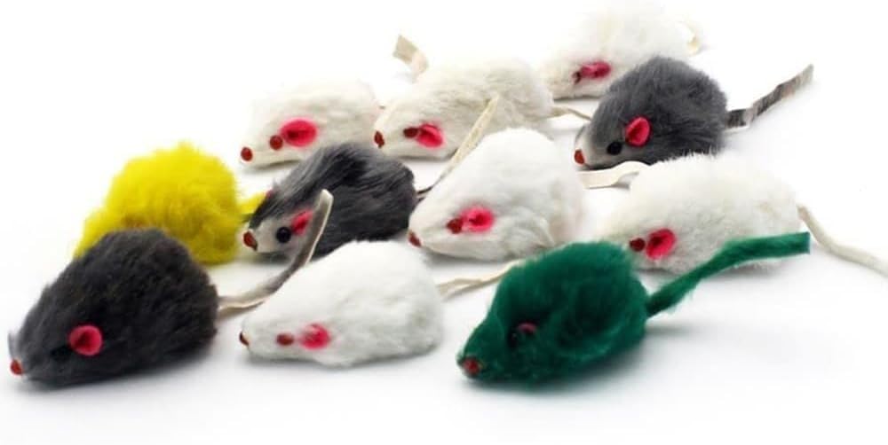 pawstrip Rabbit Fur Interactive Mouse with Rattle, Fake Squeaky Furry Kitten Play for Indoor Cats, Realistic Fuzzy Pet Accessories, 12Pcs