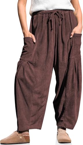 TARSE Womens Corduroy Wide Leg Pants Casual Loose Baggy Drawstring Palazzo Harem Pants with Pockets