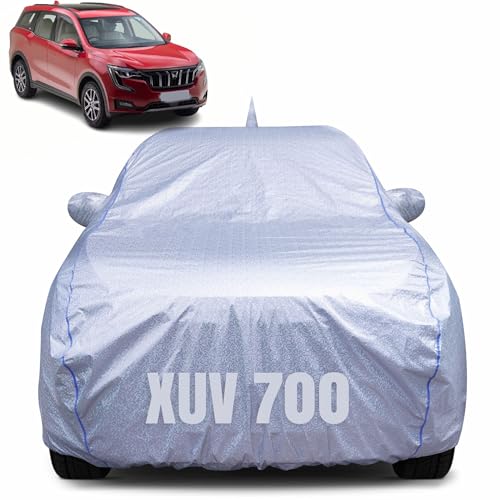 Image of 100% Waterproof Car Body Cover for Mahindra XUV 700 (2021-2025) with Mirror Pocket, Heat & UV Resistant, Triple Stitched, Soft Lining, Bottom Elastic & Piping (Silver Reflective)