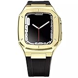 Case Band Stainless Case Silicone Rubber Belt Compatible with Apple Watch band 44mm, Silicone Rubber Strap for iWatch Series 6 5 4 SE (44mm, Gold)