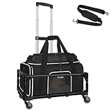 Petskd Top-Expandable Small Pet Carrier with Wheels (17' L x 11' W x 9.5' H), Alaska Airlines Approved, Rolling Pet Carrier for Small Dogs & Cats (Black)