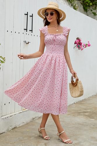 Image of Women's 2026 Spring Summer Floral Midi Dresses Square Neck Smocked Waist Beach Wedding Guest Long Flowy A Line Sundress