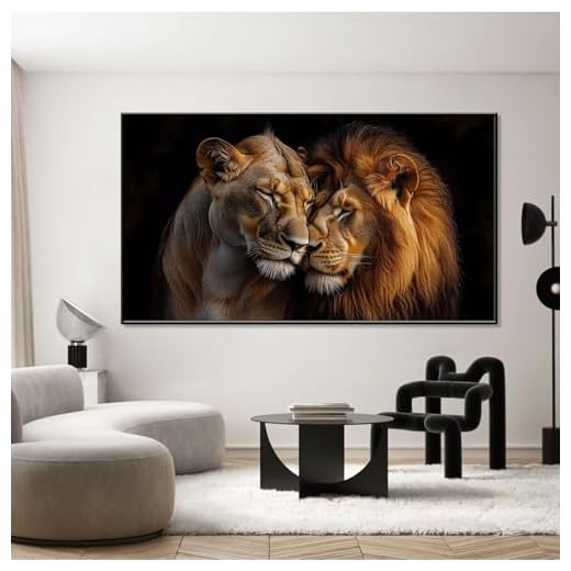 Lions Canvas Wall Art - Loving Lions Couple, African Wildlife, Romantic Gift (Black Framed, 69"x39"|174x98cm)