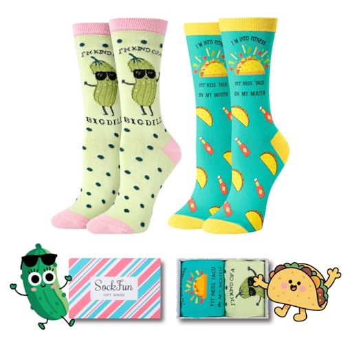 Funny Pun Socks for Women - Pickle Taco Socks for Teens, Food Stocking Stuffers 2 Pack Gift