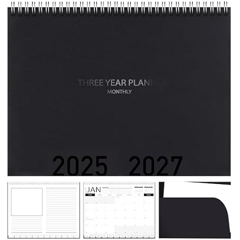 3-Year Calendar Planner, 2025-2027 Monthly Schedule Organizer Flip Calendar Diary with Tabs, Spiral Bound Top, Black, 8.5 x 11 Inches Cover