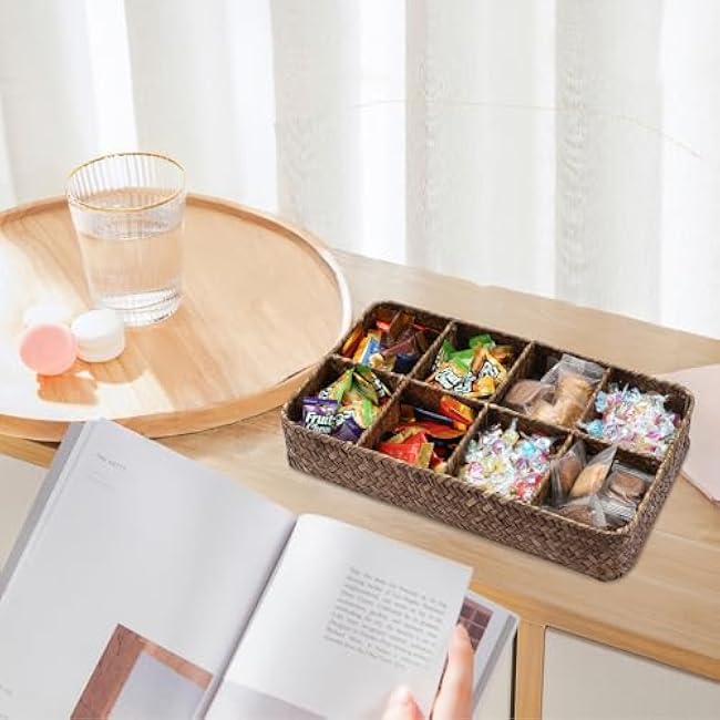 ELLDOO Tea Bag Organizer Tray, 8 Sections Sugar Packet Holder Coffee Pod Storage Condiment Organizer Seagrass Divided Basket for Pantry Drawer Shelf Countertop, Coffee