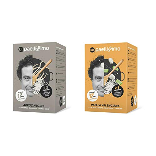 Paellissimo - 2 x Kit para Arroz Negro y Arroz para Paella Valencia | 100% Natural, Sin Gluten y Sin Aditivos Artificiales | Creación Propia de Comida Preparada por Chef con Estrella Michelin