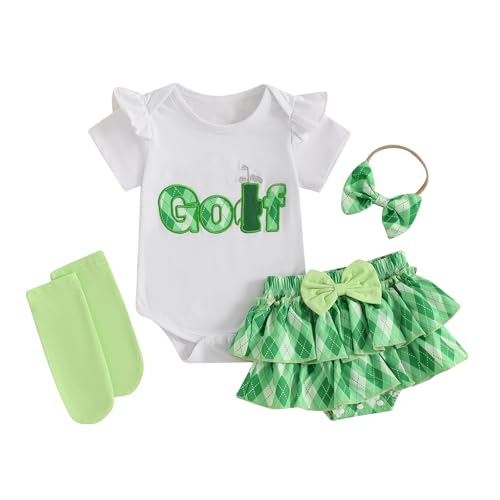 Baby Girl Summer Outfit Short Sleeve Golf Embroidery Romper Bloomers Tutu Skirt Socks Headband 4Pcs Outfits