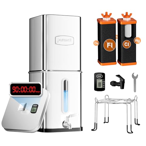 Purewell Square 2.25G Fluoride-Free Gravity Water Filter System with Water Level Window & Smart Timer, 4-Stage Filtration, Certified to Reduce Fluoride, Lead, Mercury, and Chlorine, SQF-2.25G