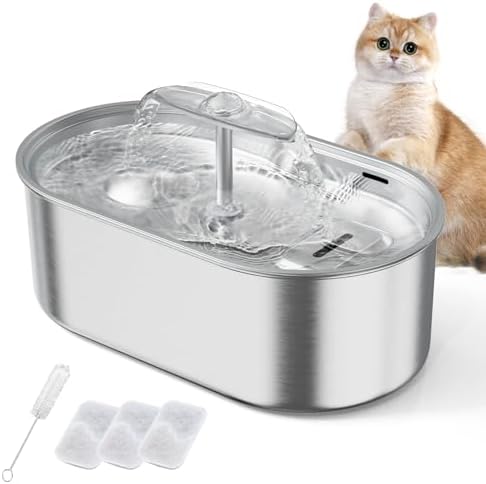 Cat Water Fountain Stainless Steel 304,3.2L/108oz Pet Fountain Cat Drinking Dispenser with 3 Replacement Filters and Ultra-Quiet Pump, Faucet Design for Multiple Pets,Dogs
