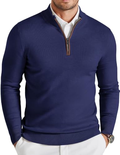 COOFANDY Sweter męski z długim rękawem sweter z zamkiem błyskawicznym na szyi sweter męski sweter do połowy zamków, granatowy, XL