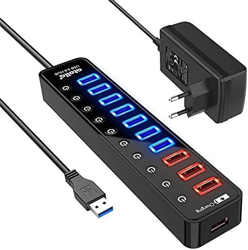 Atolla USB Hub Aktiv 3.0 mit 48W (12V/4A) Netzteil, 11-Port USB 3.0 Extension verteiler (7 Datenports + 4 Smart Charging Ports) mit Einzelnen EIN/Aus-Schalter und für High Power US