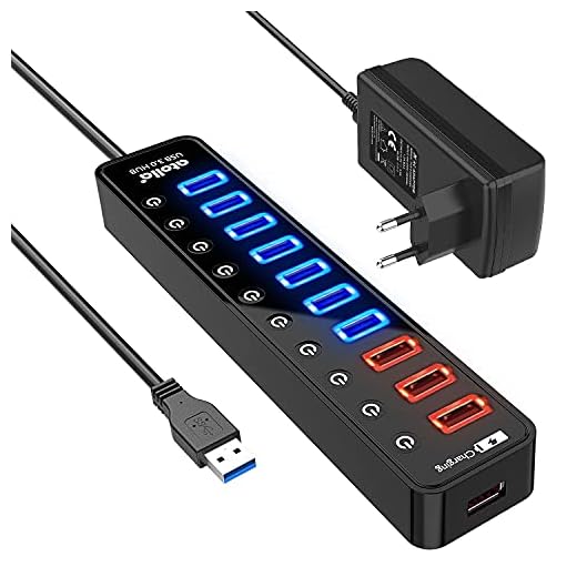 Atolla Hub USB 3.0 Multiprise 11 Ports, USB 7-Ports Transfert de données 5Gbps + 4-Ports Charge Intelligente avec des commutateurs et des LEDs d'alimentation individuels et Adaptateur 12V/4A