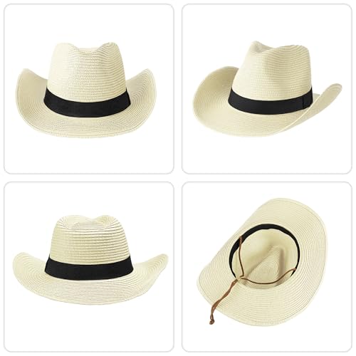 Image of Straw Cowboy Hat for Men Women Western Cowgirl Hats with Shapeable Wide Brim for Beach Sun Summer
