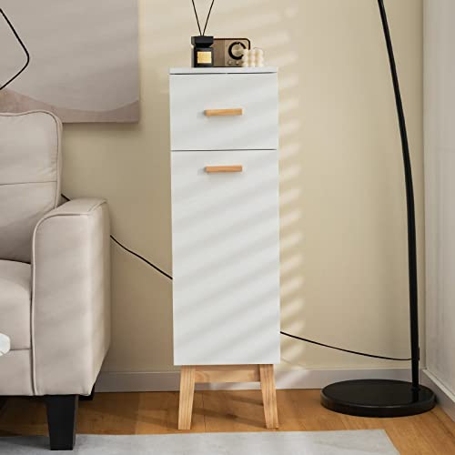 Tangkula Narrow Bathroom Storage Cabinet, Freestanding Side Storage Organizer With Adjustable Shelves, Drawer And Pine Wood Legs, Small Bathroom Cabinet For Living Room Bedroom Hallway, Black (White) #TOP3