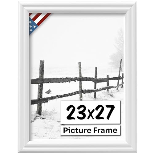 White 23x27 Picture Frame .75" Inch Wide - White Wall Decor Handmade Solid Wood Frames with Preinstalled Hangers and UV Blocking Plexiglass 27x23 Frame