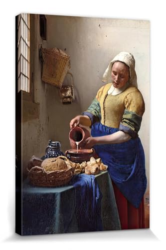 1art1 Johannes Vermeer Poster Impression sur Toile La Laitière, 1658-1660 Affiche Murale XXL Encadrée | Tendue sur Cadre en Bois | Tableau 30x20 cm