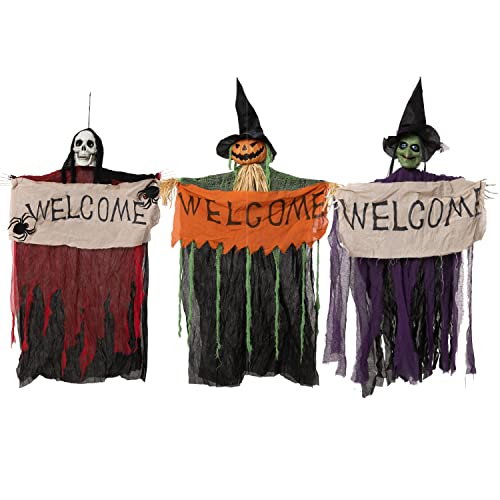 Joyin 3 Pack 45'' Halloween Hanging Decorations Grim Reaper & Pumpkin Scarecrow & Hanging Witch With Welcome Banner, Halloween Party Yard Patio Indoor And Outdoor Decorations #TOP19