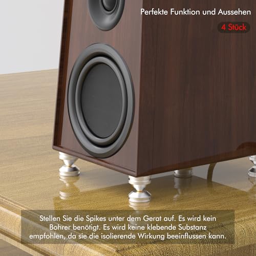 Monosaudio 4 Stück HiFi Lautsprecher Spikes aus Aluminium 27x24mm, High-End Isolationsfüße Stoßdämpfer für Verstärker, Subwoofer und Plattenspieler