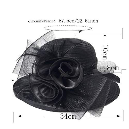 Women Derby Church Dress Cloche Hat Fascinator Floral Tea Party Wedding Bucket Hat S052 (S608-Black) - Thumbnail 2