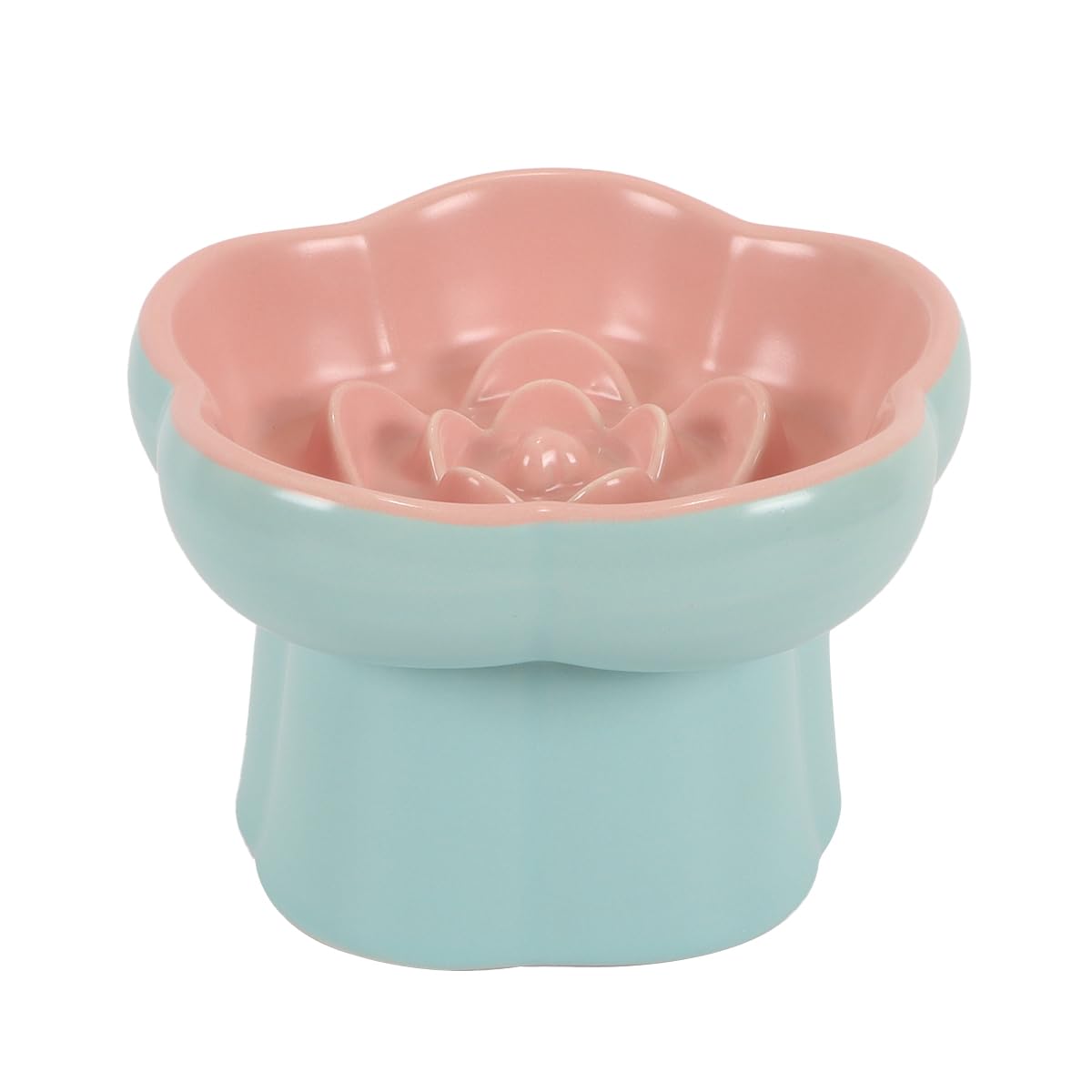 Podwyższona miska dla kota z powolnym posuwem, ceramiczna podwyższona miska ze szkła z tytułem, urocza kuweta w kształcie kwiatu na suchą i mokrą karmę, różowo-niebieska