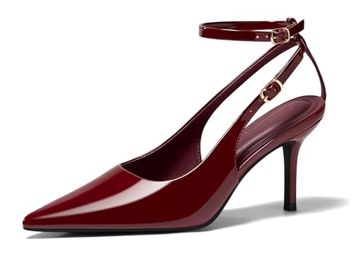Coutgo Womens Slingback Stiletto Heels Closed Pointed Toe Dress Shoes Ankle Strap Pump Shoes,Wine Red,Size 9.5