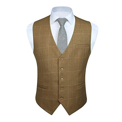 HISDERN Colete masculino xadrez masculino slim fit formal negócios smoking colete sólido V-Ncek para casamento, C-cáqui, GG