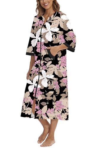 Image of Zipper Robes for Women 3 /4 Sleeve Housecoats Long Lightweight Bathrobe House Dress with Pockets