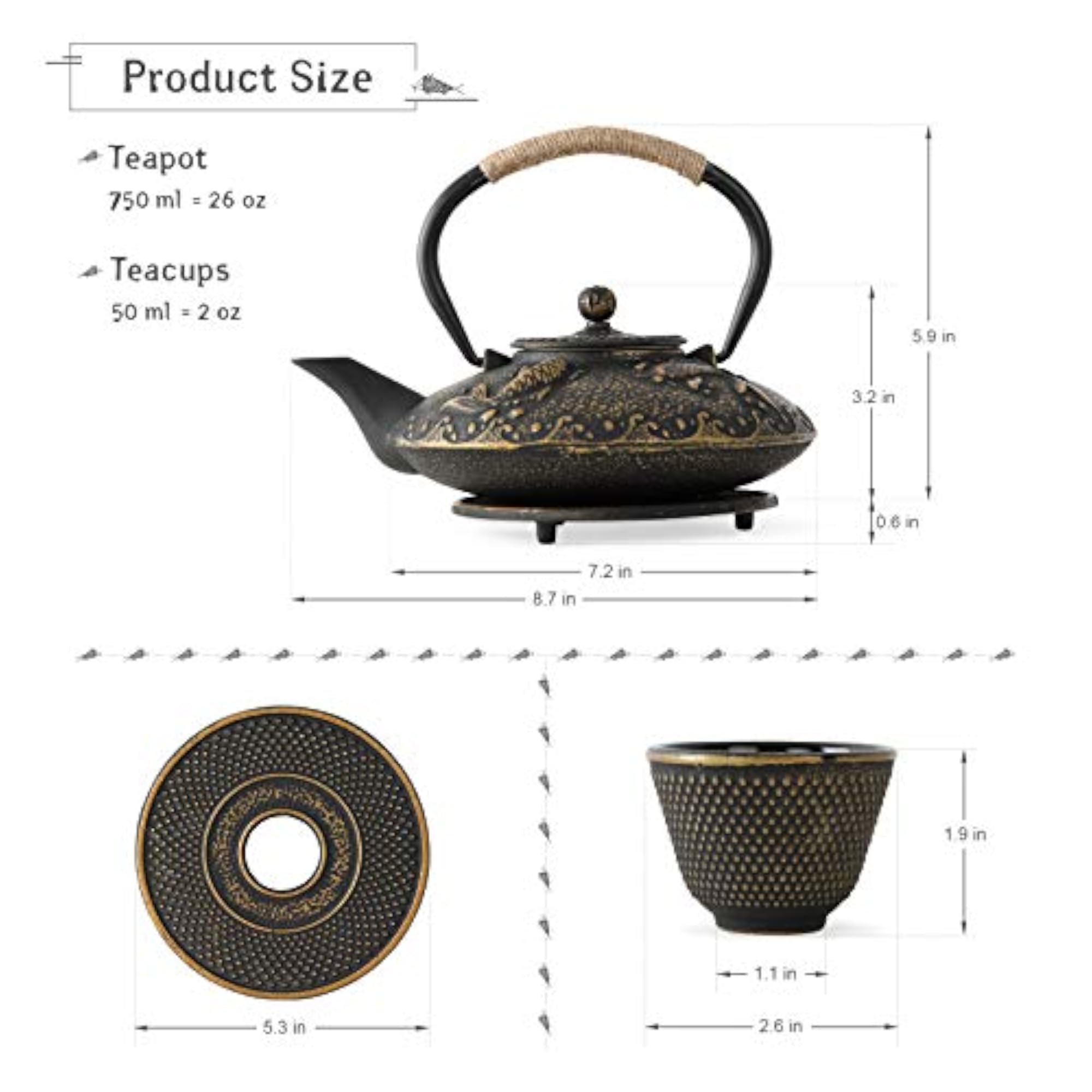 Koi Fish Cast Iron Teapot Set, Japanese Style Tea Gift Set