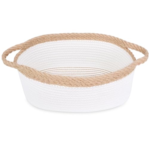Image of ABenkle Small Basket with Handles, Boho Decorative Rope Woven Dog Cat Toy Storage Bin Shelf Storage Organizer, Easter Christmas Gift Basket, 12 inchx8 inchx5 inch