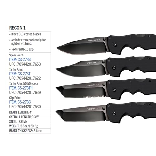Image of COLD STEEL Recon 1 4 inch S35VN Razor-Sharp Blade 5.375 inch G-10 Handle Tactical Folding Knife w /Tri-Ad Lock, Ambidextrous Pocket /Belt Clip