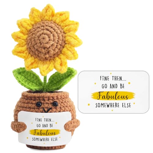 Handmade Positive Sunflower Doll Crochet with Card - Women Coworker Appreciation Gift - Retirement, Farewell, Goodbye, Leaving, Going Away Gift for Coworker - Fine Then and Go Fabulous Somewhere Else