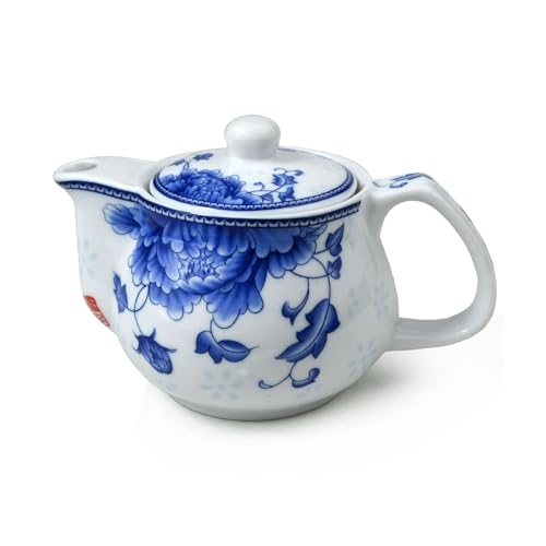 Tetera pequeña de porcelana azul y blanca de 9 onzas con infusor de acero inoxidable, flor de Penoy china clásica (peonía)