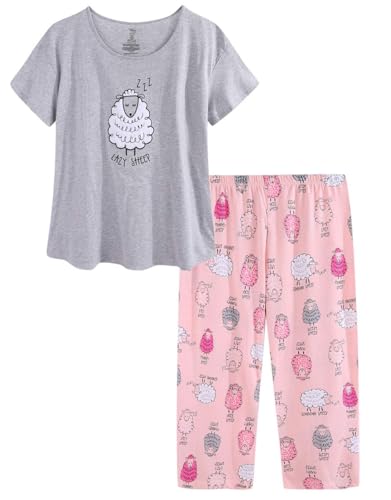 Image of CHUNG Women Cotton Pajama Sets Sleepwear pjs Short Sleeve Shirt Capri Length Crop Pants Cute Vivid Print