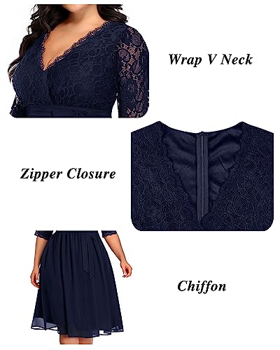 Plus Size Cocktail Dresses Women Navy Blue Lace Top Chiffon Wedding Guest Semi-Formal Party Evening Wrap V Neck Dress #TOP4