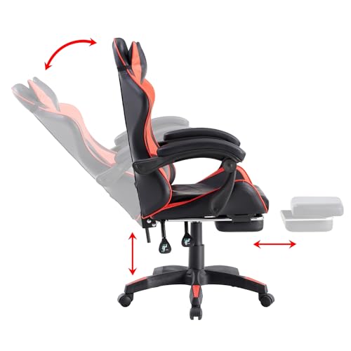 Brigros Ergonomiczne krzesło wyścigowe dla graczy z odchylanymi podłokietnikami, obrotowym fotelem biurowym, z kółkami, podnóżkiem, zagłówkiem i poduszką lędźwiową, imitacja skóry, nośność 125 kg