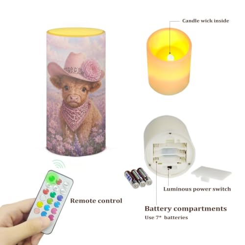 Image of Poceacles Flickering Flameless LED Battery Candles Pillar Candles Tealight with 18-Key Timer Remote with Colorful Light for Indoor Outdoor Home Decor, Cowboy Highland Cow Floral Print Pink