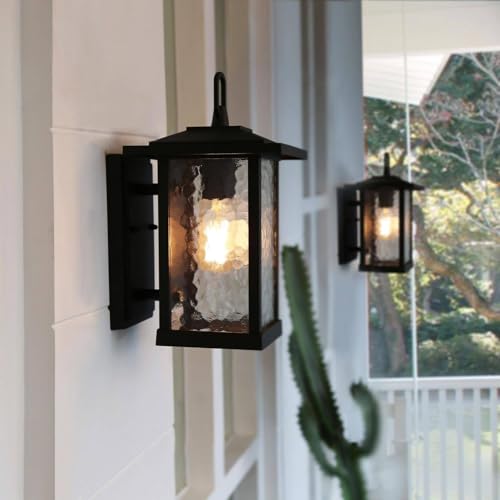 LALUZ Rectangle Outdoor Light Fixtures Wall Mount, Weather-Proof Porch Lights Outdoor with Water Ripple Glass, Anti-Rust Outdoor Wall Lantern for Patio, Yards, Garden, Front Door, Matte Black Finish