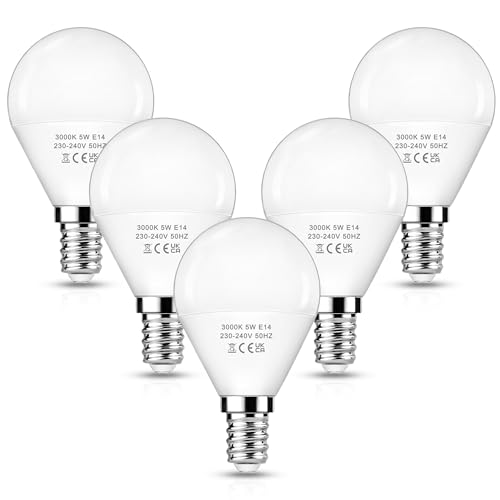 EvaStary Bombilla led E14 5W, lámparas de 40 vatios reemplazadas, lámpara blanca cálida 3000K, bombilla led de forma de gota P45 / G45, no dimmable, 5 piezas