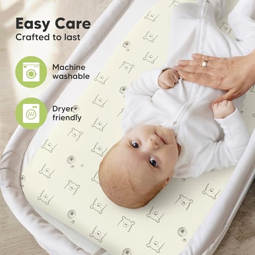 Image of 2pk Organic Bassinet Sheets, Compatible with Baby Delight (Bumble Bear) | 100% Cotton Bassinet Sheets for Boys, Girls, 32 x 21 Rectangle Baby Bassinet Mattress Sheets, Soft Breathable Bedside Cover