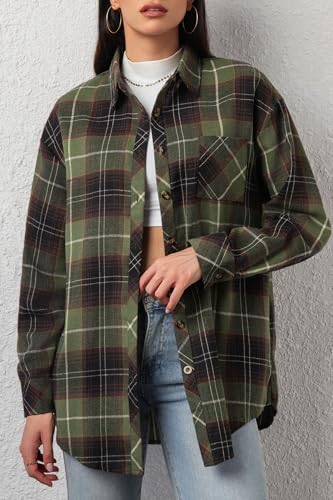 Image of CHYRII Womens Button Down Flannel Shirts Long Sleeve Plaid Shackets Business Casual Blouse Top