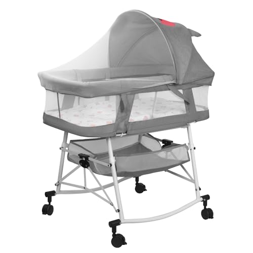 Sinbide Cuna 3 en 1, Cuna Multifuncional con Ruedas, Cuna con colchón y mosquitera, Cuna de Viaje para bebés de 1 a 36 Meses (Gris)